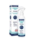 weiße Sprühflasche mit blauen Details neben einer Karton-Verpackung ebenfalls mit blauen Details, auf der Verpackung stehen die Produktinformationen