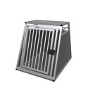 Einzelbox aus silbernem Aluminium und dunkelgrauen Sichtelementen mit Stabrohrtür und schwarzem Verschluss. Anschlag ist auf der linken Seite.