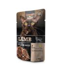schwarzer Futterbeutel mit braunen Details und brauner Katze, auf der Verpackung stehen die Produktinformationen