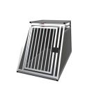 Einzelbox aus silbernem Aluminium und dunkelgrauen Sichtelementen mit Stabrohrtür und schwarzem Verschluss. Anschlag ist auf der linken Seite.