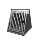 Einzelbox aus silbernem Aluminium und dunkelgrauen Sichtelementen mit Stabrohrtür und schwarzem Verschluss. Anschlag ist auf der linken Seite.
