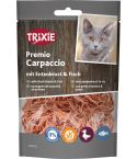 blauer Beutel mit lila Details, Sichtfenster zum Beutelinhalt und grauer Katze, auf der Verpackung stehen die Produktinformationen