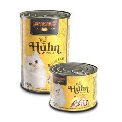 schwarze Futterdosen in zwei Größen mit gelben Details, Futterinhalt und weißer Katze, auf den Futterdosen stehen die jeweiligen Produktinformationen